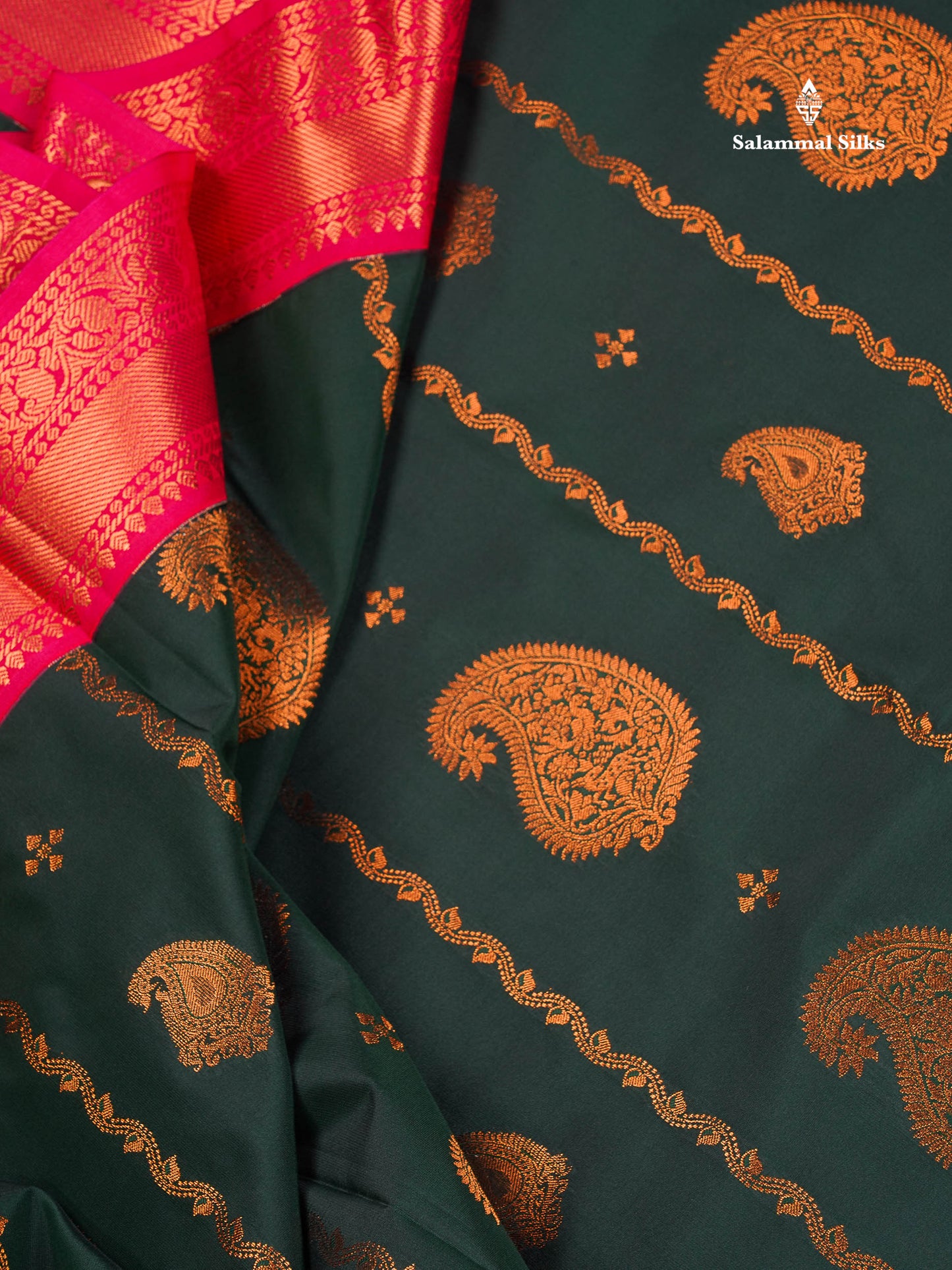 Semi Silk Saree - Bottle Green Body Butta With Contrast Pink Traditional Gap Border