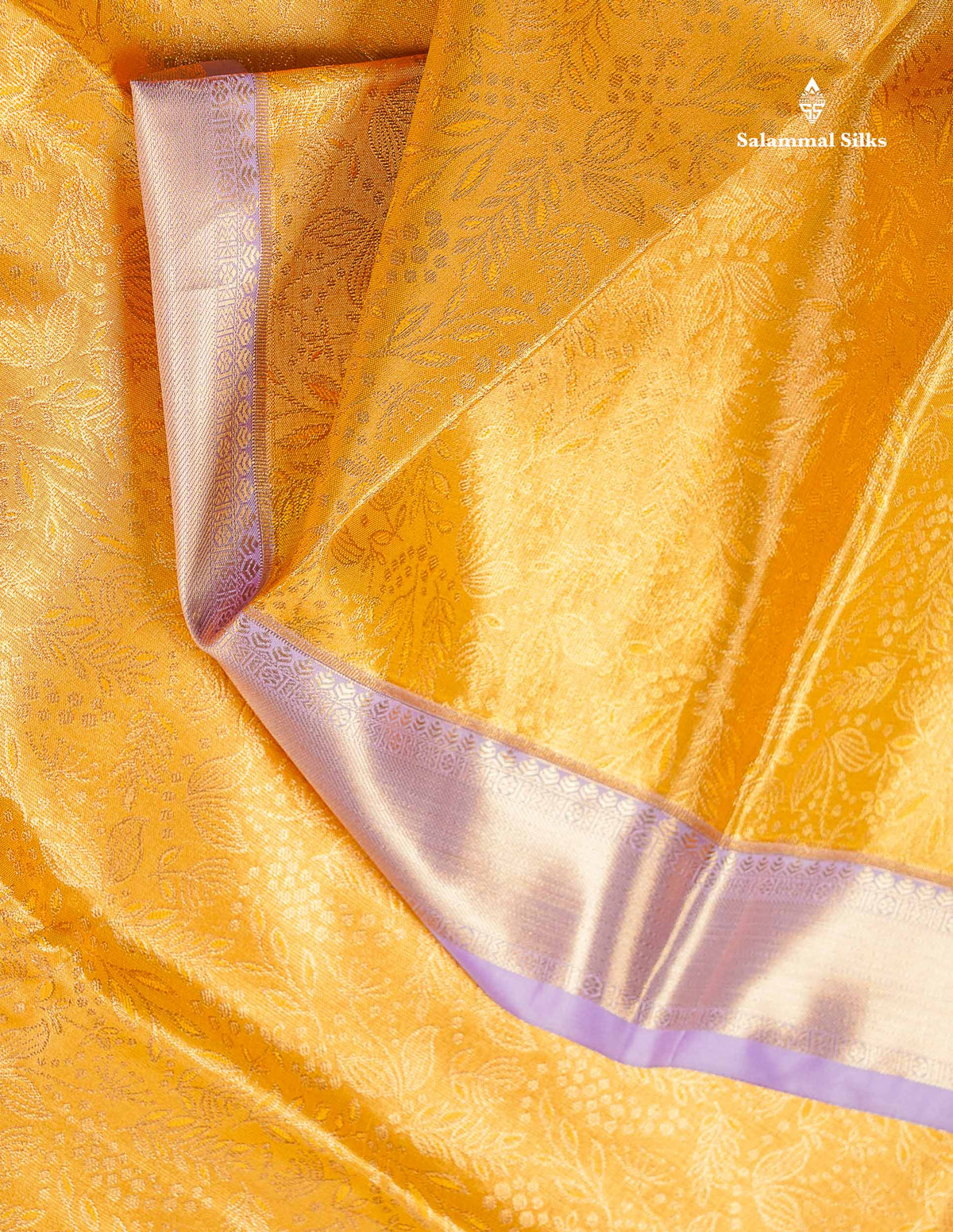 Tissue Bridal Semi Silk Saree - Golden Yellow Colour Body With Contrast Light Lavender Border