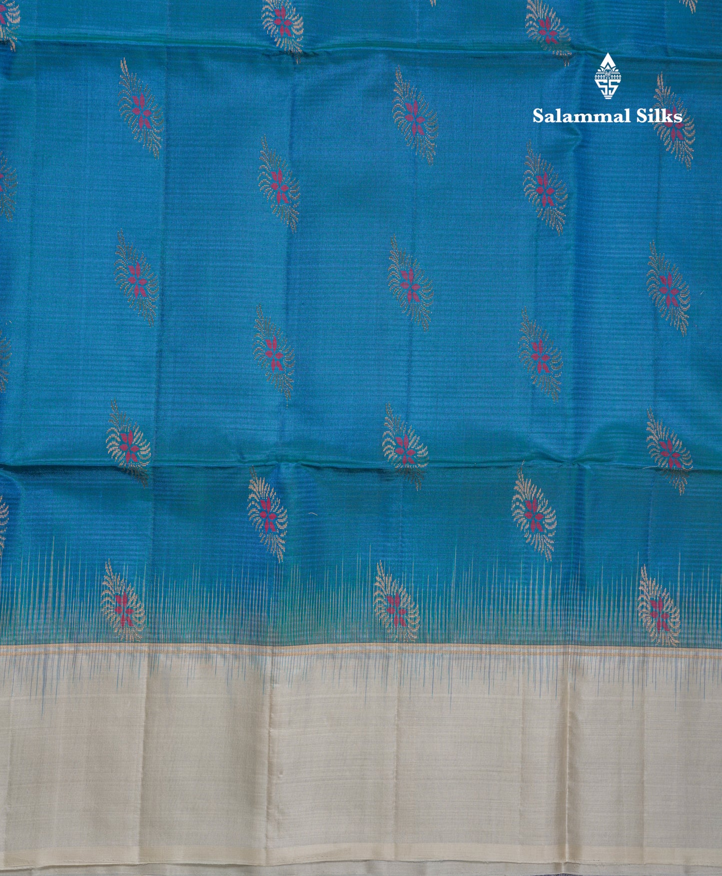 Beautiful Peacock Blue Pure Kanjivaram Soft Silk Saree With Contrast Cream Sandal Border
