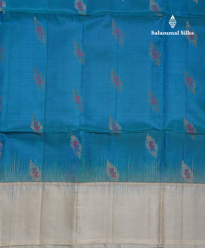 Beautiful Peacock Blue Pure Kanjivaram Soft Silk Saree With Contrast Cream Sandal Border
