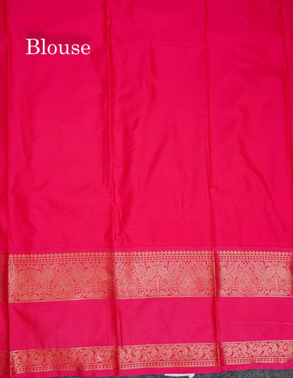 Semi Silk Saree - Bottle Green Body Butta With Contrast Pink Traditional Gap Border
