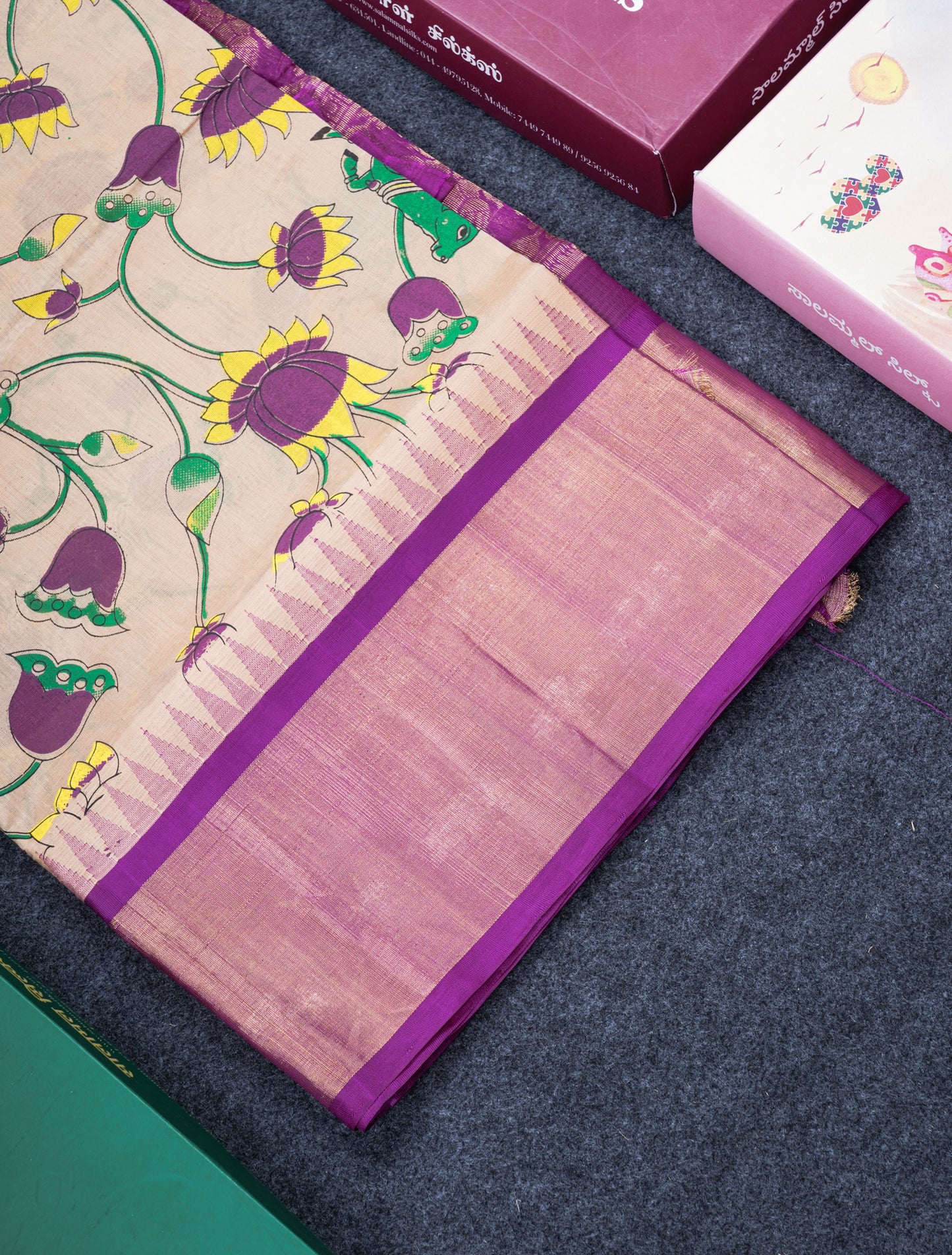 Beautiful Onion Pink Kalamkari Design Pure Silk Cotton Saree With Contrast Violet Border