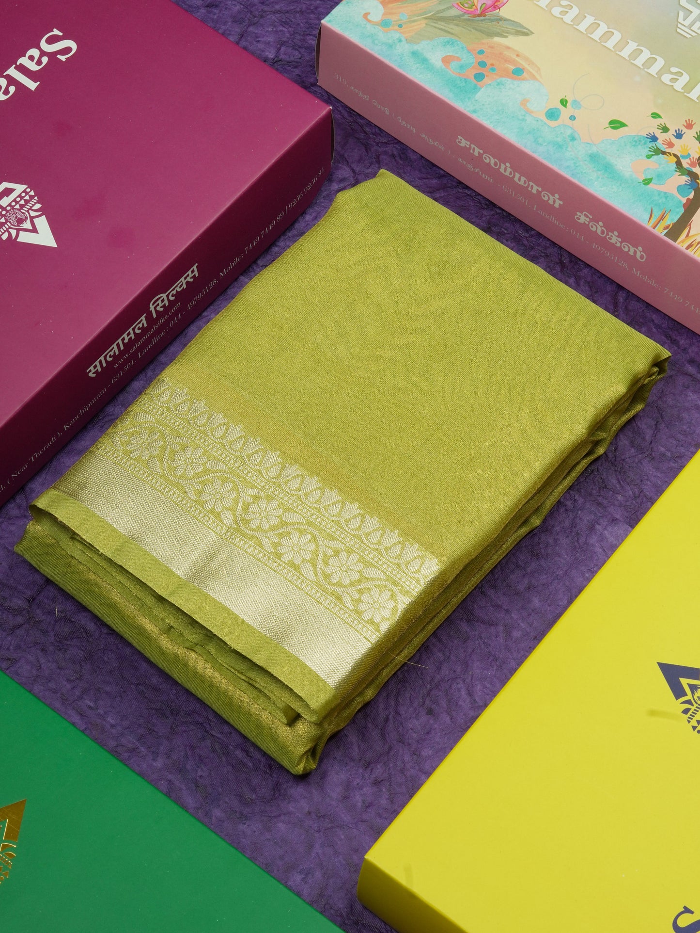 Parrot Green Plain Tissue Saree With Fancy Silver Border