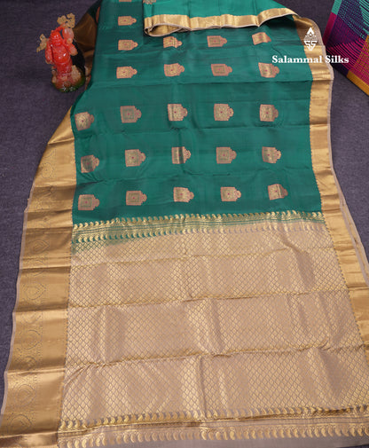 Beautiful Peacock Green Puremix Silk Saree With Contrast Cream Sandal Traditional Evening Morning Border