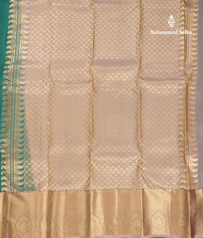 Beautiful Peacock Green Puremix Silk Saree With Contrast Cream Sandal Traditional Evening Morning Border