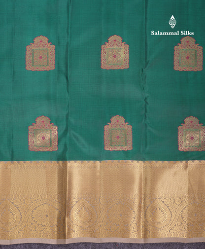 Beautiful Peacock Green Puremix Silk Saree With Contrast Cream Sandal Traditional Evening Morning Border