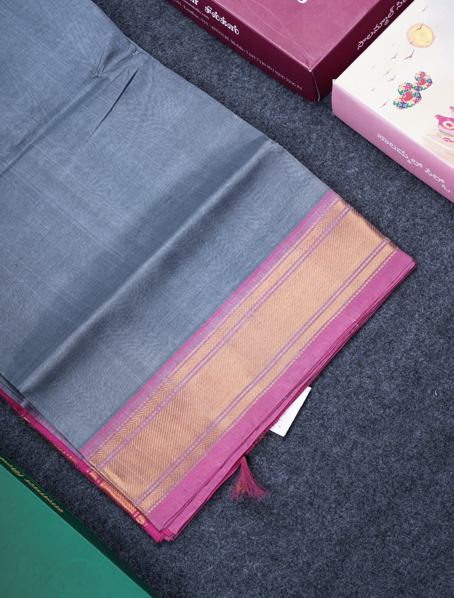 Grey Plain Pure Silk Cotton Saree With Contrast Magenta Pink Blouse