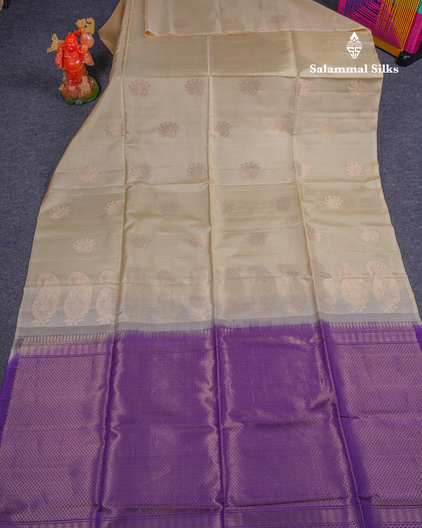 Beautiful Cream Sandal Pure Kanjivaram Soft Silk Saree With Contrast Dark Purple Blouse