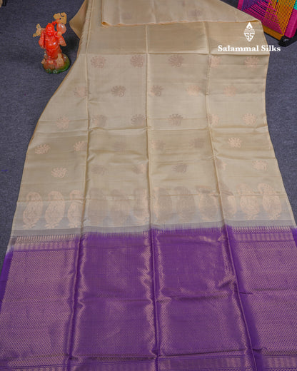 Beautiful Cream Sandal Pure Kanjivaram Soft Silk Saree With Contrast Dark Purple Blouse
