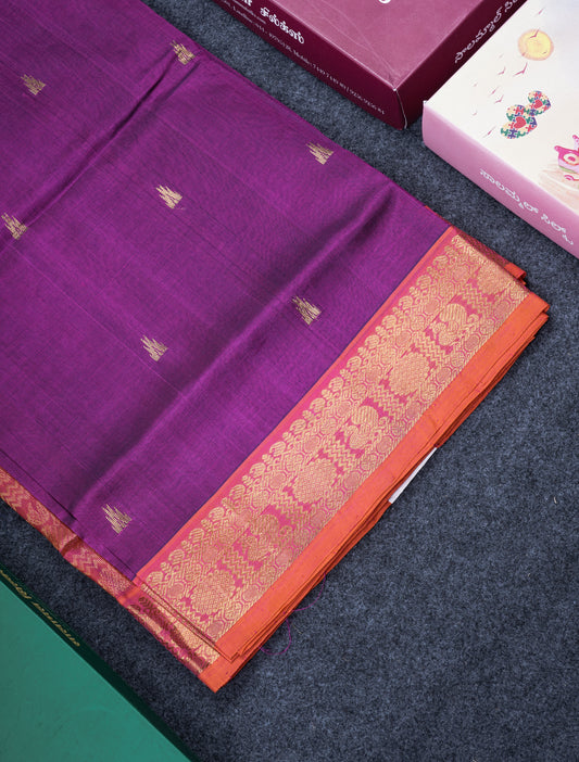 Dark Purple Pure Silk Cotton Saree With Contrast Pinkish Orange Blouse