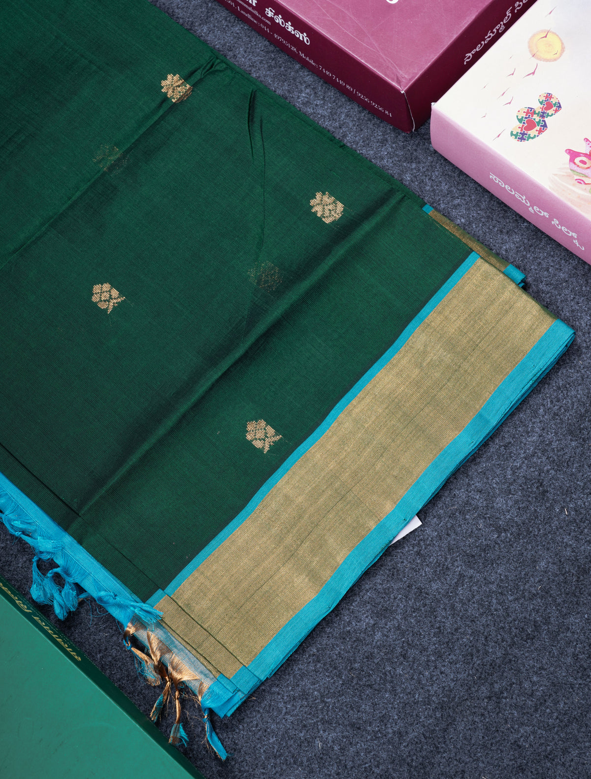 Bottle Green Pure Silk Cotton Saree With Contrast Sky Blue Blouse