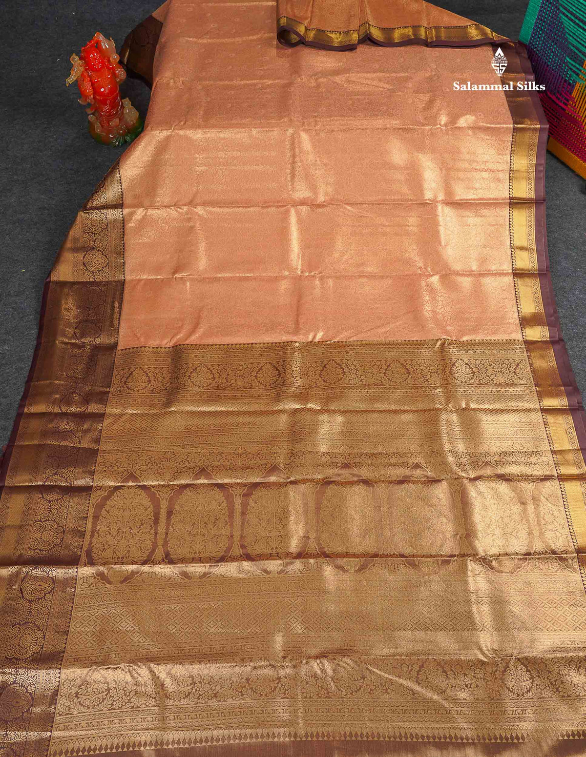Tissue Bridal Semi Silk Saree - Peach Colour Body With Contrast Dark Brown Border