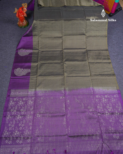 Beautiful Army Green Small Checks Pure Kanjivaram Soft Silk Saree With Contrast Dark Purple One Side Fancy Border
