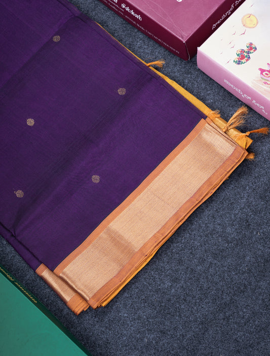 Dark Purple Pure Silk Cotton Saree With Contrast Mustard Yellow Blouse