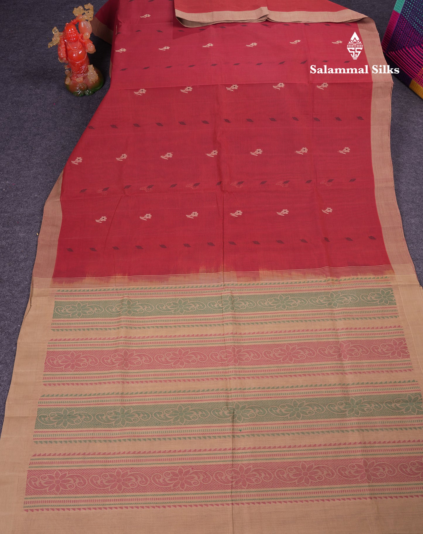 Beautiful Redish Maroon Thread Work Butta Handloom Pure Cotton Saree With Contrast Sandal Blouse