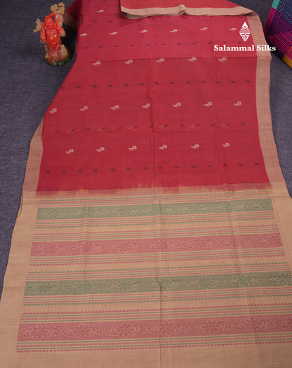 Beautiful Redish Maroon Thread Work Butta Handloom Pure Cotton Saree With Contrast Sandal Blouse