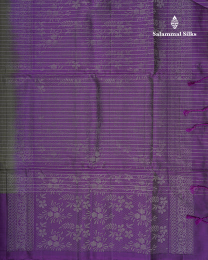 Beautiful Army Green Small Checks Pure Kanjivaram Soft Silk Saree With Contrast Dark Purple One Side Fancy Border