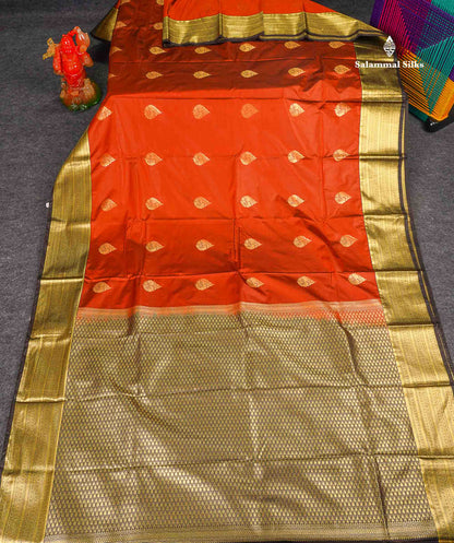 Semi Silk Saree - Rust Orange Body Butta With Contrast Snuff Brown Traditional Border