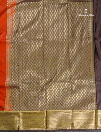Semi Silk Saree - Rust Orange Body Butta With Contrast Snuff Brown Traditional Border