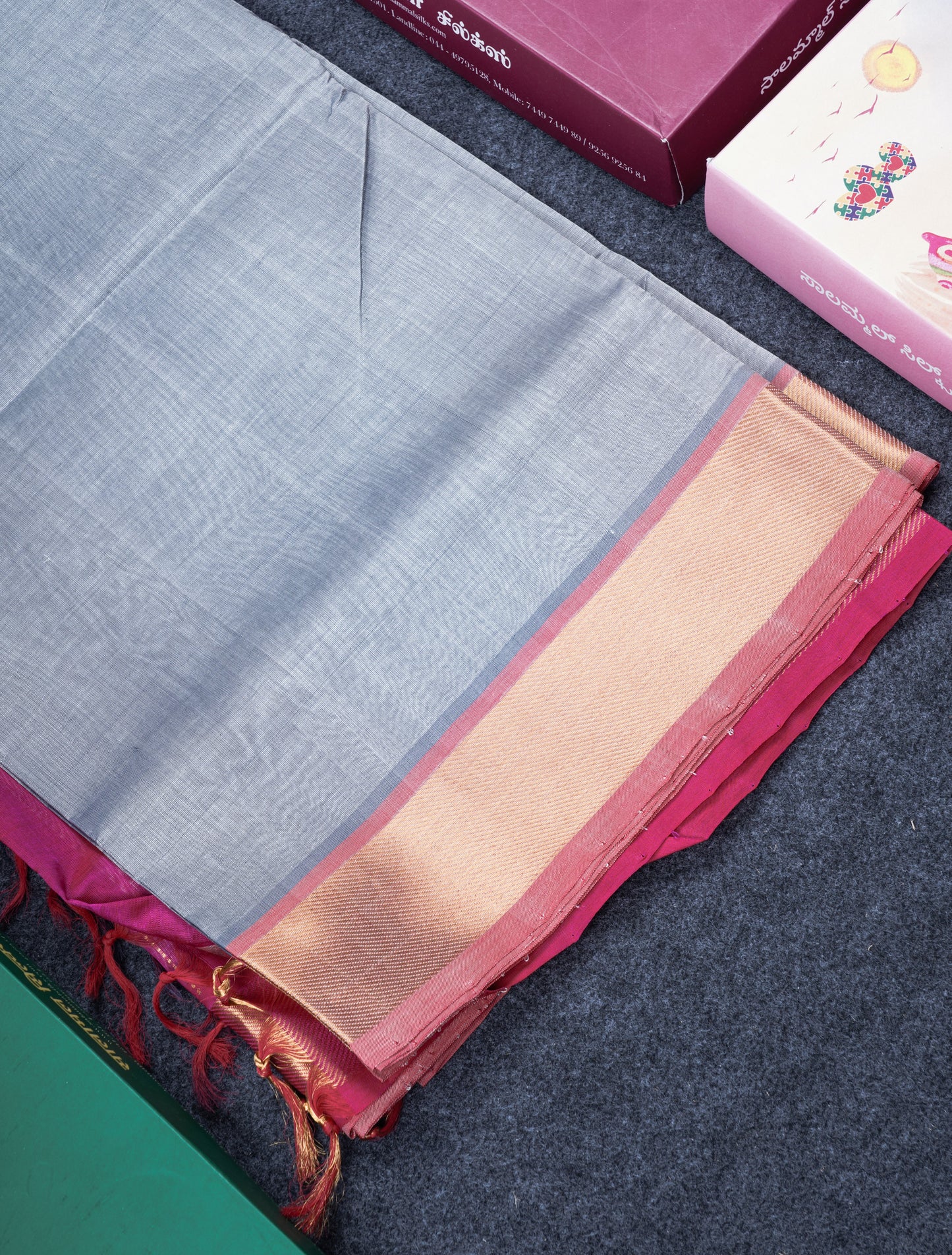 Light Gray Kanjivaram Pure Silk Cotton with Pink Blouse