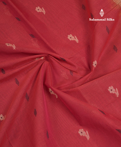 Beautiful Redish Maroon Thread Work Butta Handloom Pure Cotton Saree With Contrast Sandal Blouse