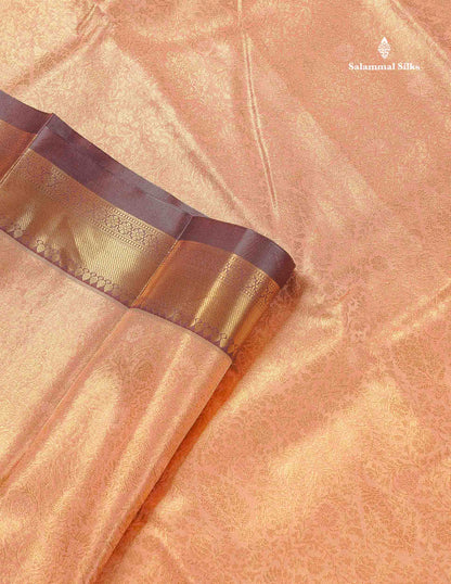 Tissue Bridal Semi Silk Saree - Peach Colour Body With Contrast Dark Brown Border