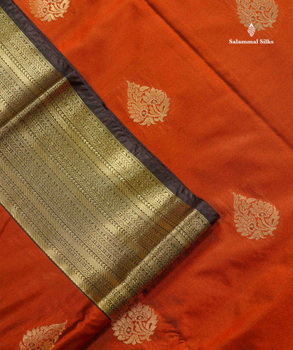 Semi Silk Saree - Rust Orange Body Butta With Contrast Snuff Brown Traditional Border