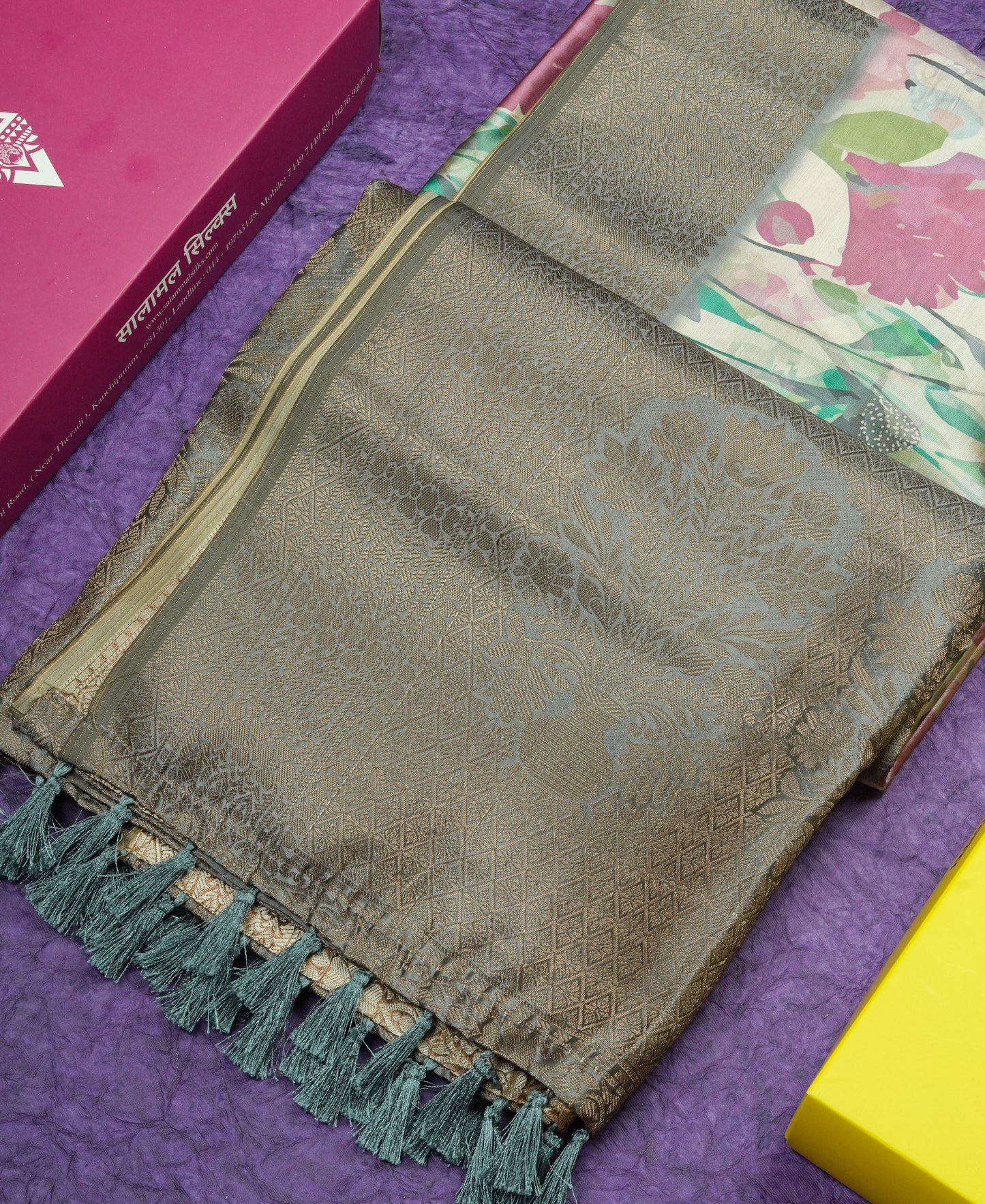 Multicolour Semi Tussar Saree With Floral Artistic Print With Contrast Border