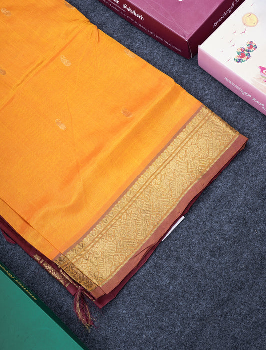 Mustard Yellow Plain Semi Silk Cotton Saree With Contrast Dark Maroon Blouse