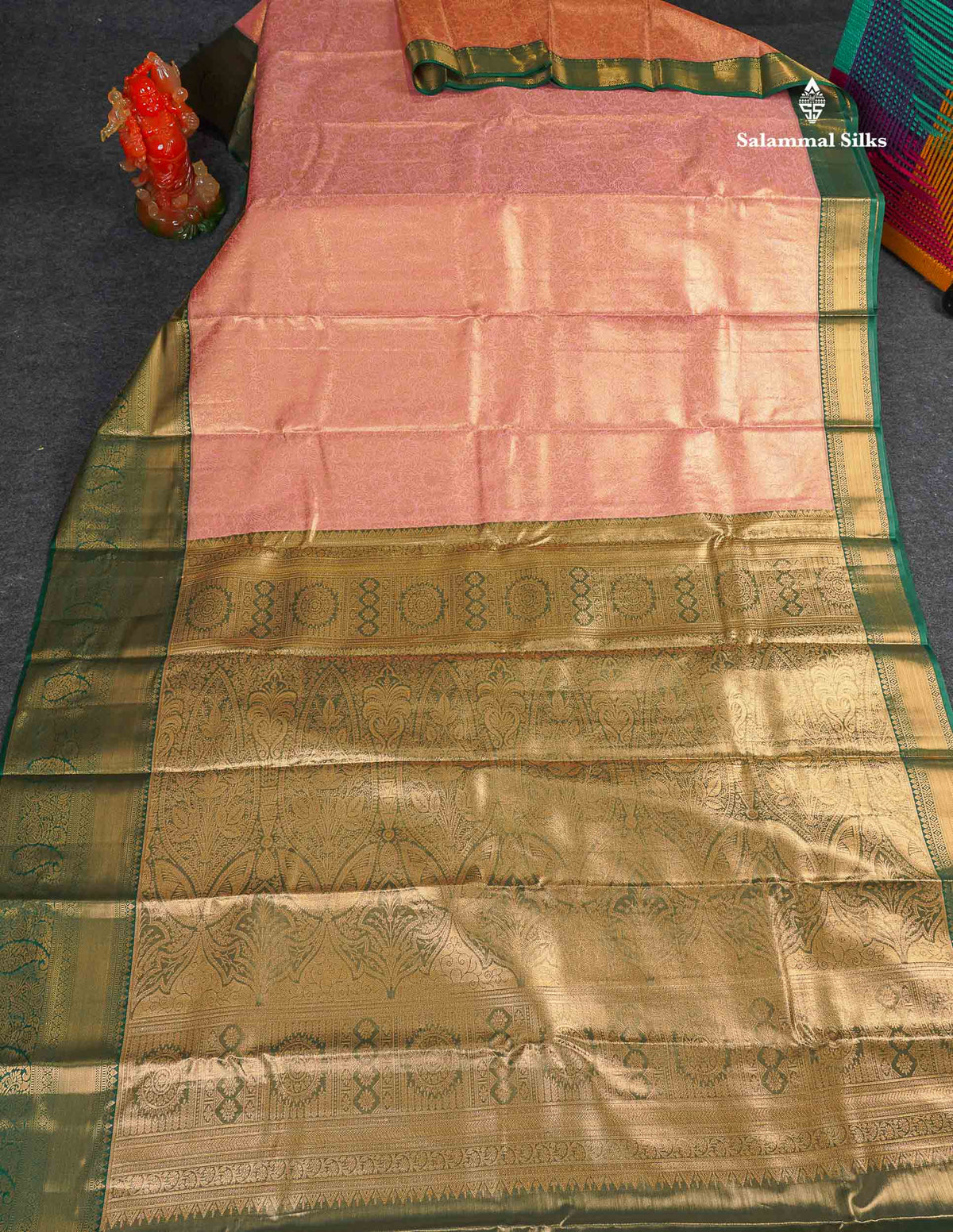 Tissue Bridal Semi Silk Saree - Peach Colour Body With Contrast Bottle Green Border 