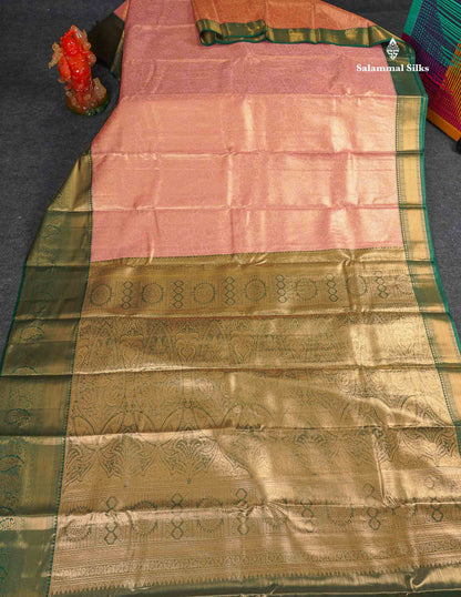 Tissue Bridal Semi Silk Saree - Peach Colour Body With Contrast Bottle Green Border 