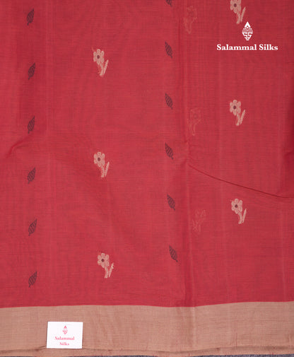 Beautiful Redish Maroon Thread Work Butta Handloom Pure Cotton Saree With Contrast Sandal Blouse