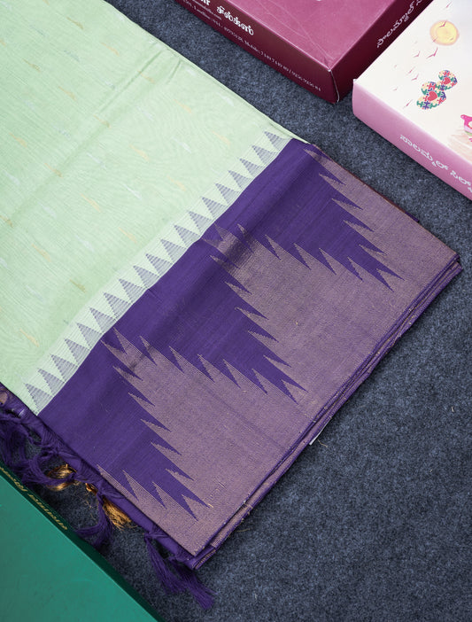 Light Elaichi Green Pure Silk Cotton Saree With Contrast Violet Temple Border