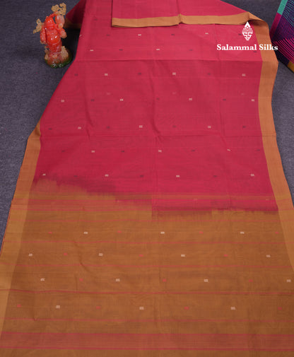 Beautiful Dual Tone Red Thread Work Butta Handloom Pure Cotton Saree With Contrast Brown Blouse