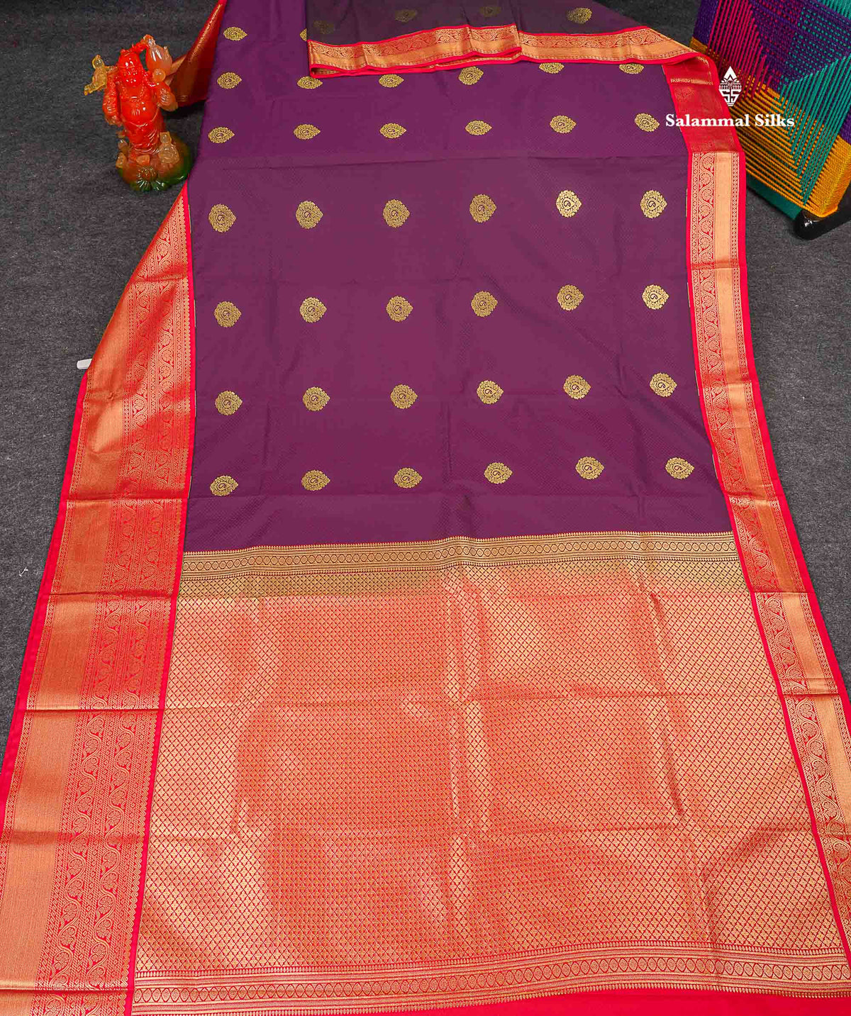 Semi Silk Saree - Dark Purple Colour Body Butta With Contrast Redish Pink Traditional Border