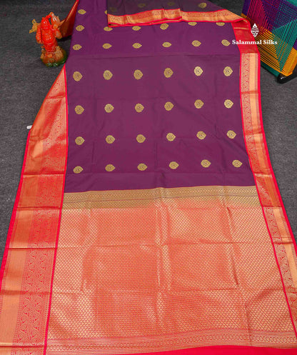 Semi Silk Saree - Dark Purple Colour Body Butta With Contrast Redish Pink Traditional Border