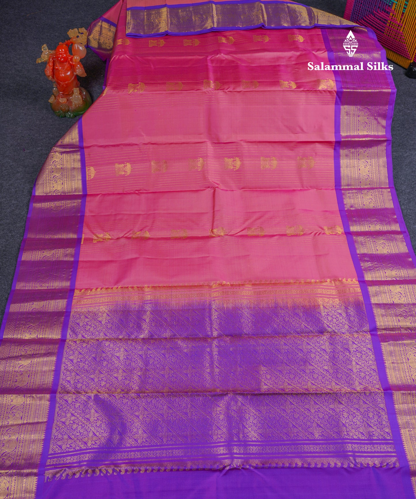 Beautiful Light Pink Pure Kanjivaram Silk Saree With Contrast Purple Traditional Border