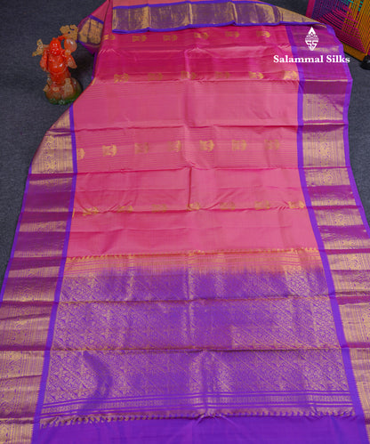 Beautiful Light Pink Pure Kanjivaram Silk Saree With Contrast Purple Traditional Border