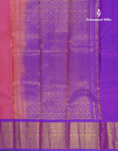 Beautiful Light Pink Pure Kanjivaram Silk Saree With Contrast Purple Traditional Border