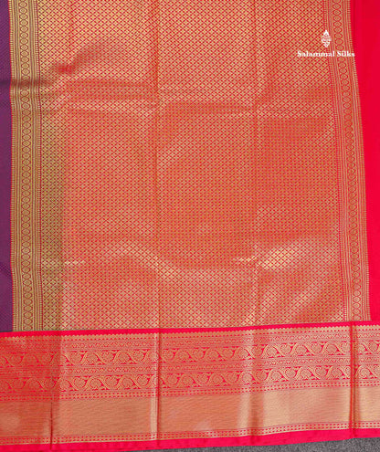 Semi Silk Saree - Dark Purple Colour Body Butta With Contrast Redish Pink Traditional Border