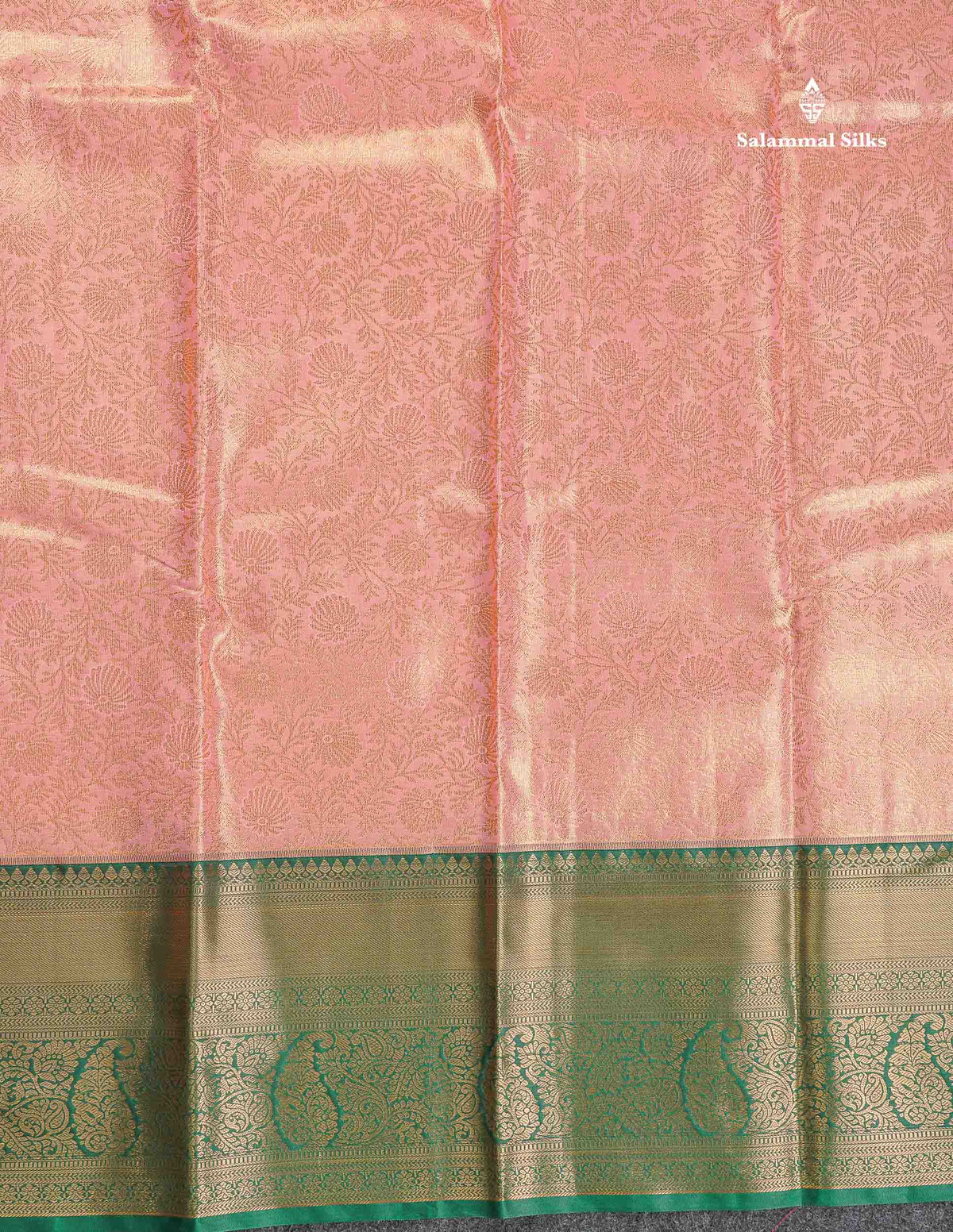 Tissue Bridal Semi Silk Saree - Peach Colour Body With Contrast Bottle Green Border