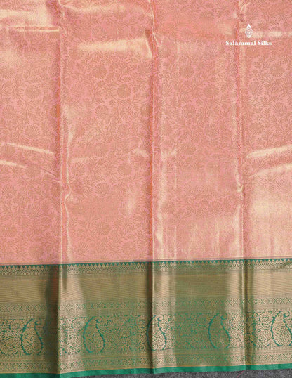 Tissue Bridal Semi Silk Saree - Peach Colour Body With Contrast Bottle Green Border