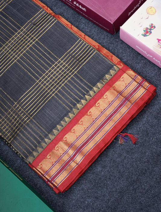 Koravi Grey Pure Silk Cotton Saree With Contrast Chilly Red Traditional Border