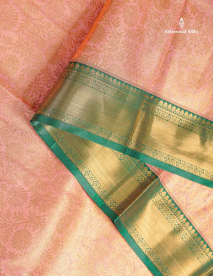 Tissue Bridal Semi Silk Saree - Peach Colour Body With Contrast Bottle Green Border