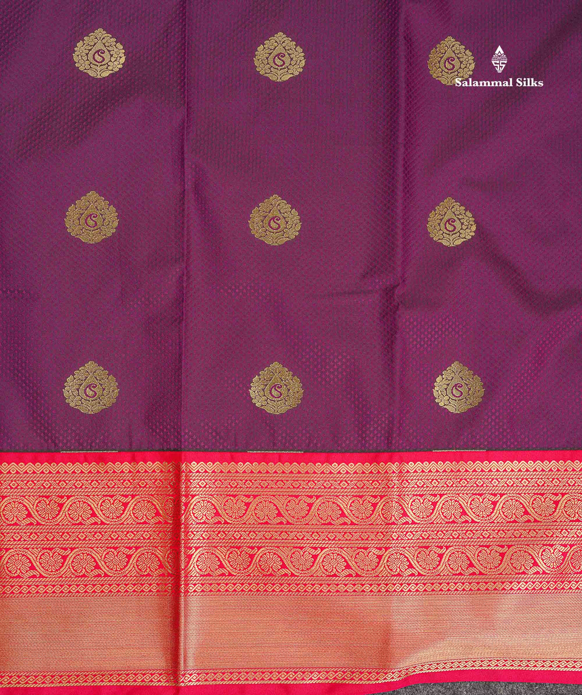 Semi Silk Saree - Dark Purple Colour Body Butta With Contrast Redish Pink Traditional Border