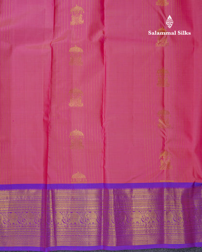 Beautiful Light Pink Pure Kanjivaram Silk Saree With Contrast Purple Traditional Border