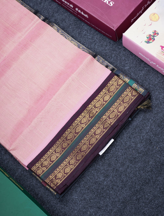 Onion Pink Pure Silk Cotton Saree With Contrast Dark Purple Traditional Border