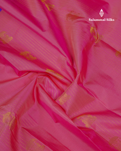 Beautiful Light Pink Pure Kanjivaram Silk Saree With Contrast Purple Traditional Border