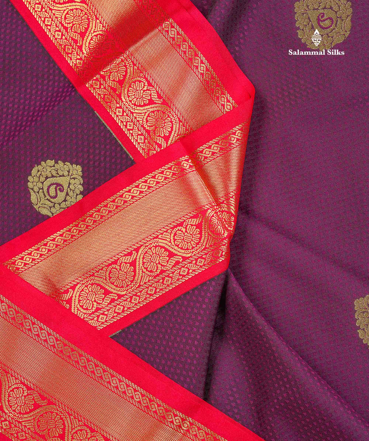 Semi Silk Saree - Dark Purple Colour Body Butta With Contrast Redish Pink Traditional Border