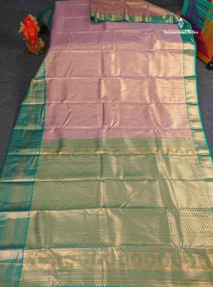 Tissue Bridal Semi Silk Saree - Light Lavender Colour Body With Contrast Teal Green Border 